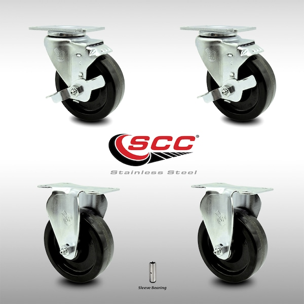 4 Inch SS Phenolic Top Plate Caster Set with 2 Brake 2 Rigid